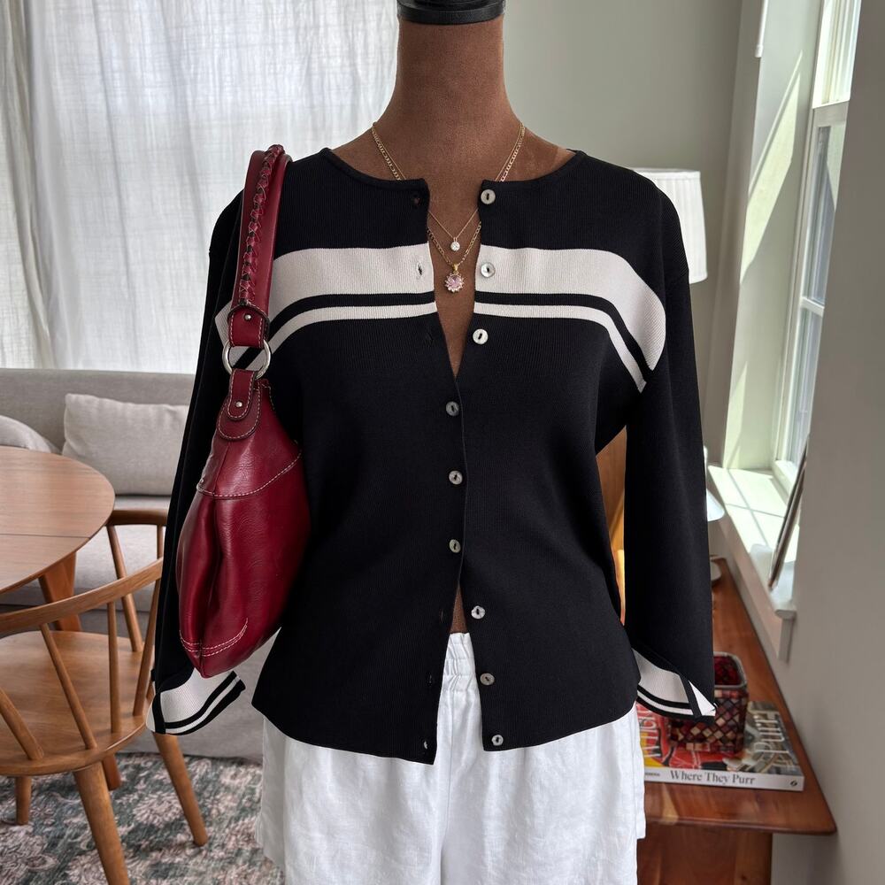 90s Vintage Michelle Nicole Black Slinky Knit Striped Blouse Button Up Large
